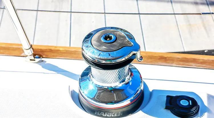 New Horizon Yacht Photos Pics Winch on 2018 Beneteau Oceanis 45 sailboat deck, close-up view.