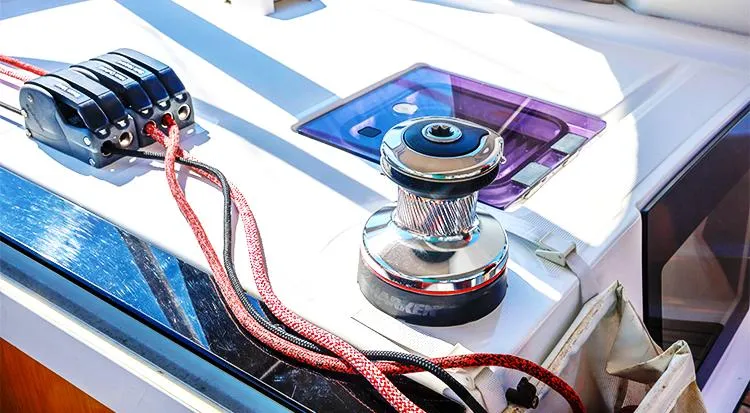 New Horizon Yacht Photos Pics Deck equipment on 2018 Beneteau Oceanis 45 sailboat, featuring winch and rope clutches.