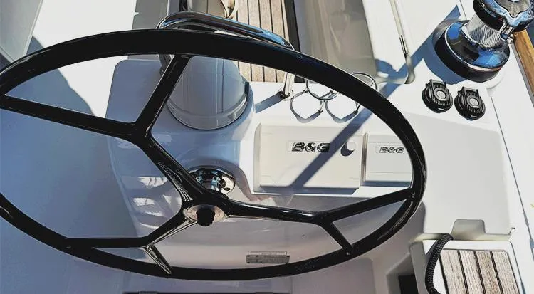 New Horizon Yacht Photos Pics Steering wheel of 2018 Beneteau Oceanis 45 sailboat with B&G navigation controls.