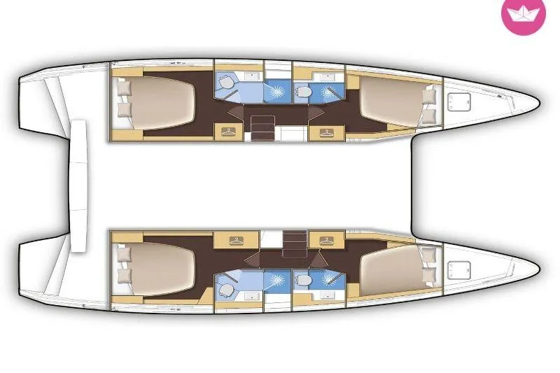  Yacht Photos Pics 2019 Lagoon 42 catamaran layout with four cabins and bathrooms, top view.