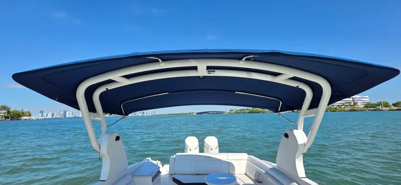  Yacht Photos Pics 2019 Sea Ray SDX 290 Outboard boat on water, featuring a blue canopy and scenic view.