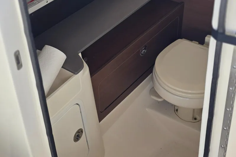  Yacht Photos Pics 2019 Sea Ray SDX 290 Outboard boat interior with compact bathroom and toilet.