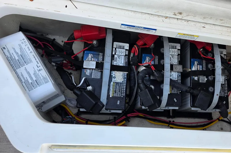  Yacht Photos Pics 2019 Sea Ray SDX 290 Outboard battery compartment with multiple batteries and wiring.