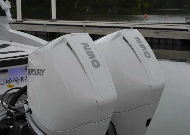  Yacht Photos Pics 2023 Monterey 305SS Super Sport boat engines at dock.