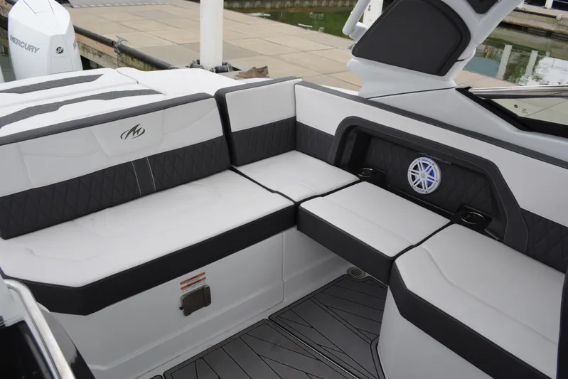  Yacht Photos Pics Interior of 2023 Monterey 305SS Super Sport boat, gray and white upholstery.