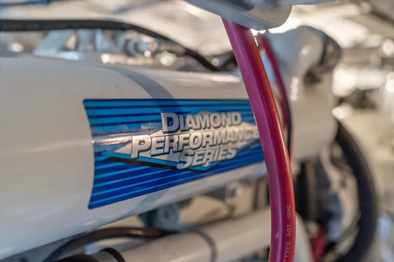 Barbarrick Yacht Photos Pics Close-up of a 2006 Meridian 411 Sedan engine with Diamond Performance Series label.