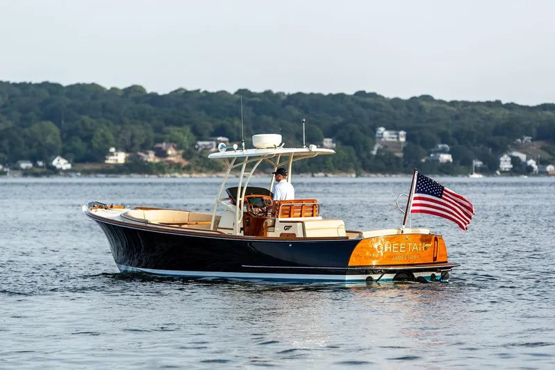 Cheetah Yacht Photos Pics 2014 Hinckley T29 CC boat on water, American flag, scenic shoreline background.