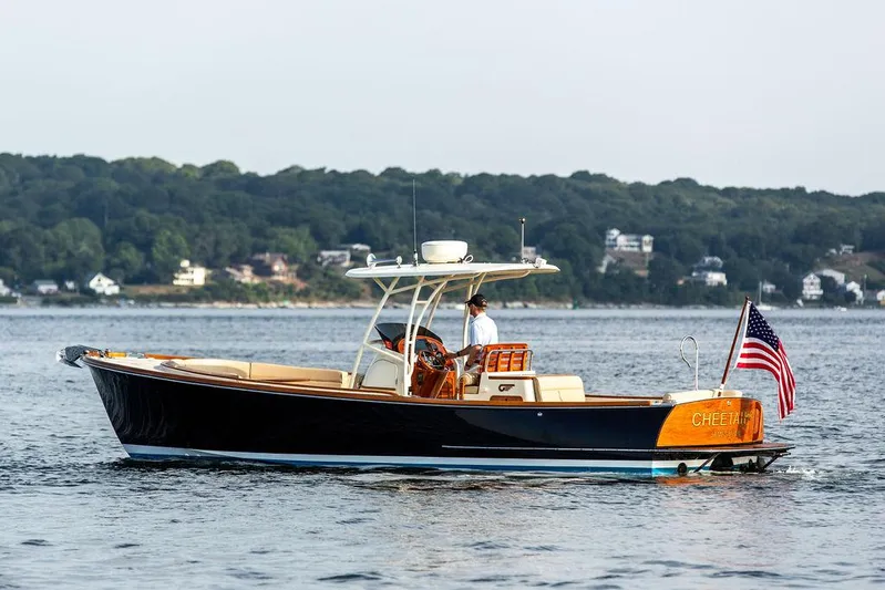 Cheetah Yacht Photos Pics 2014 Hinckley T29 CC boat on calm water with American flag, scenic shoreline background.