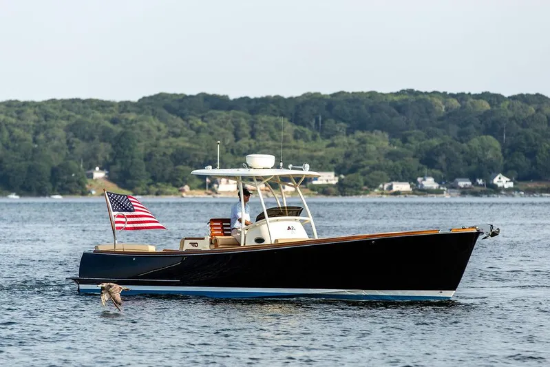 Cheetah Yacht Photos Pics 2014 Hinckley T29 CC boat cruising on a serene lake with an American flag.