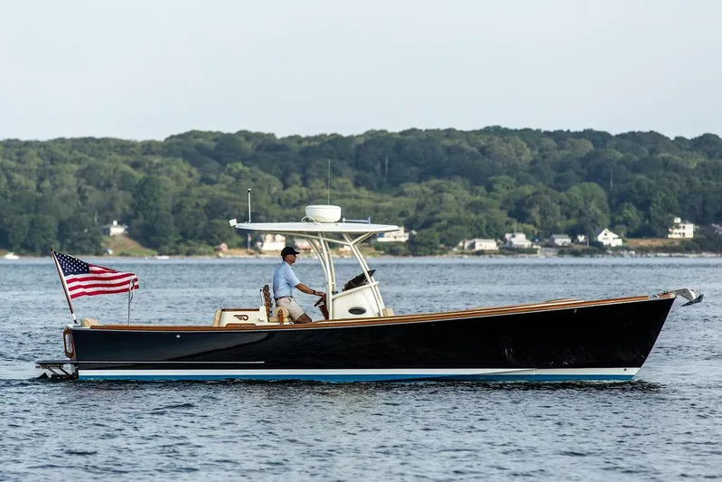 Cheetah Yacht Photos Pics 2014 Hinckley T29 CC boat cruising on water with American flag, scenic background.