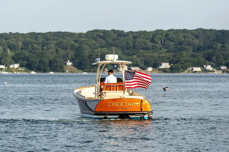 Cheetah Yacht Photos Pics Hinckley T29 CC boat on water, American flag, scenic background, 2014 model.