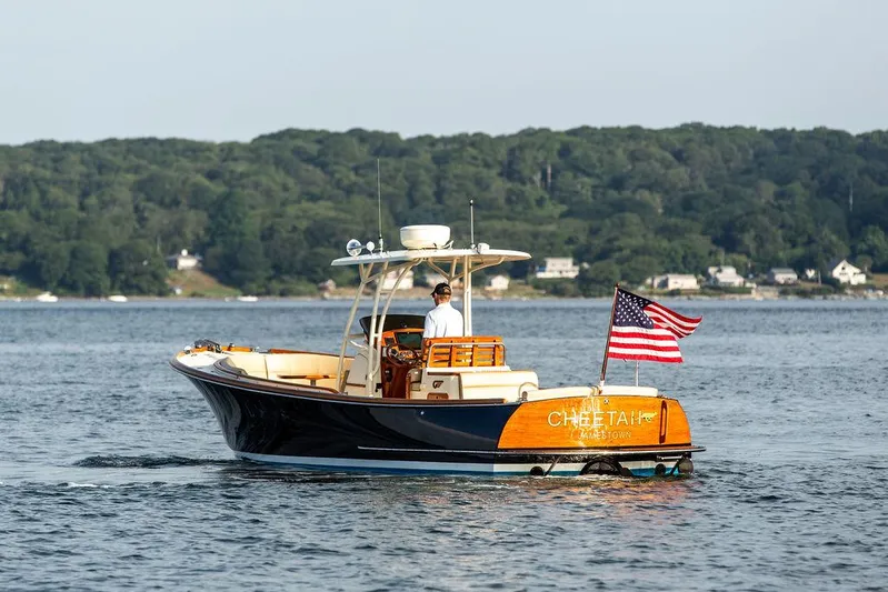 Cheetah Yacht Photos Pics 2014 Hinckley T29 CC boat on water with American flag, scenic background.