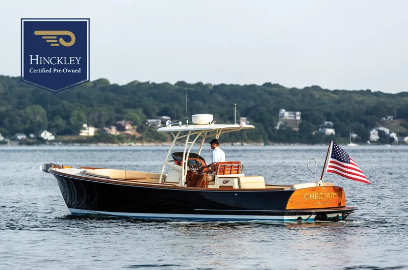 Cheetah Yacht Photos Pics 2014 Hinckley T29 CC boat on water, American flag, certified pre-owned.