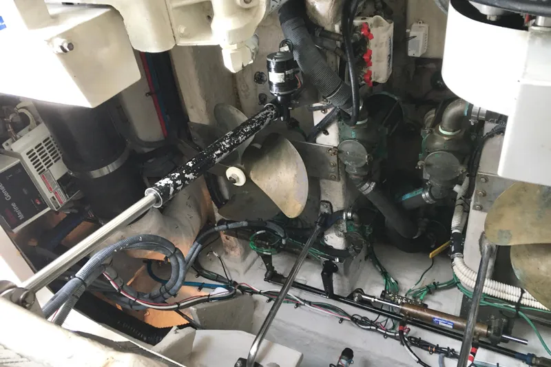  Yacht Photos Pics Engine room of 2005 Sea Ray 420 Sundancer with visible propeller and mechanical components.