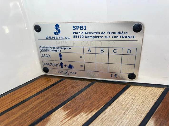  Yacht Photos Pics Plaque on 2022 Beneteau Monte Carlo 52, displaying design category and weight limits.
