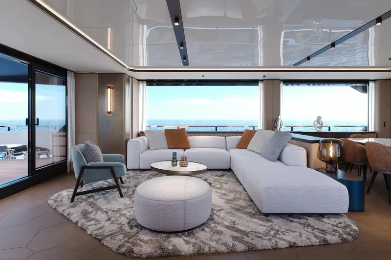  Yacht Photos Pics Luxurious interior of 2027 Cantieri di Pisa Custom 112 yacht with modern furnishings and ocean view.