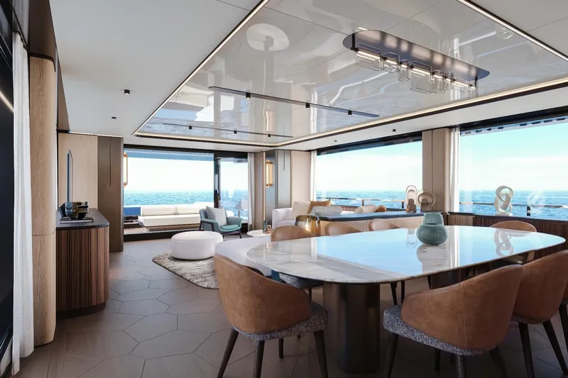  Yacht Photos Pics Luxurious interior of 2027 Cantieri di Pisa Custom 112 yacht with ocean view.