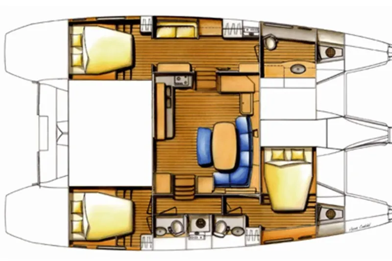Anita Jo Yacht Photos Pics Floor plan of a 2008 Lagoon 420 catamaran, featuring cabins and living area.