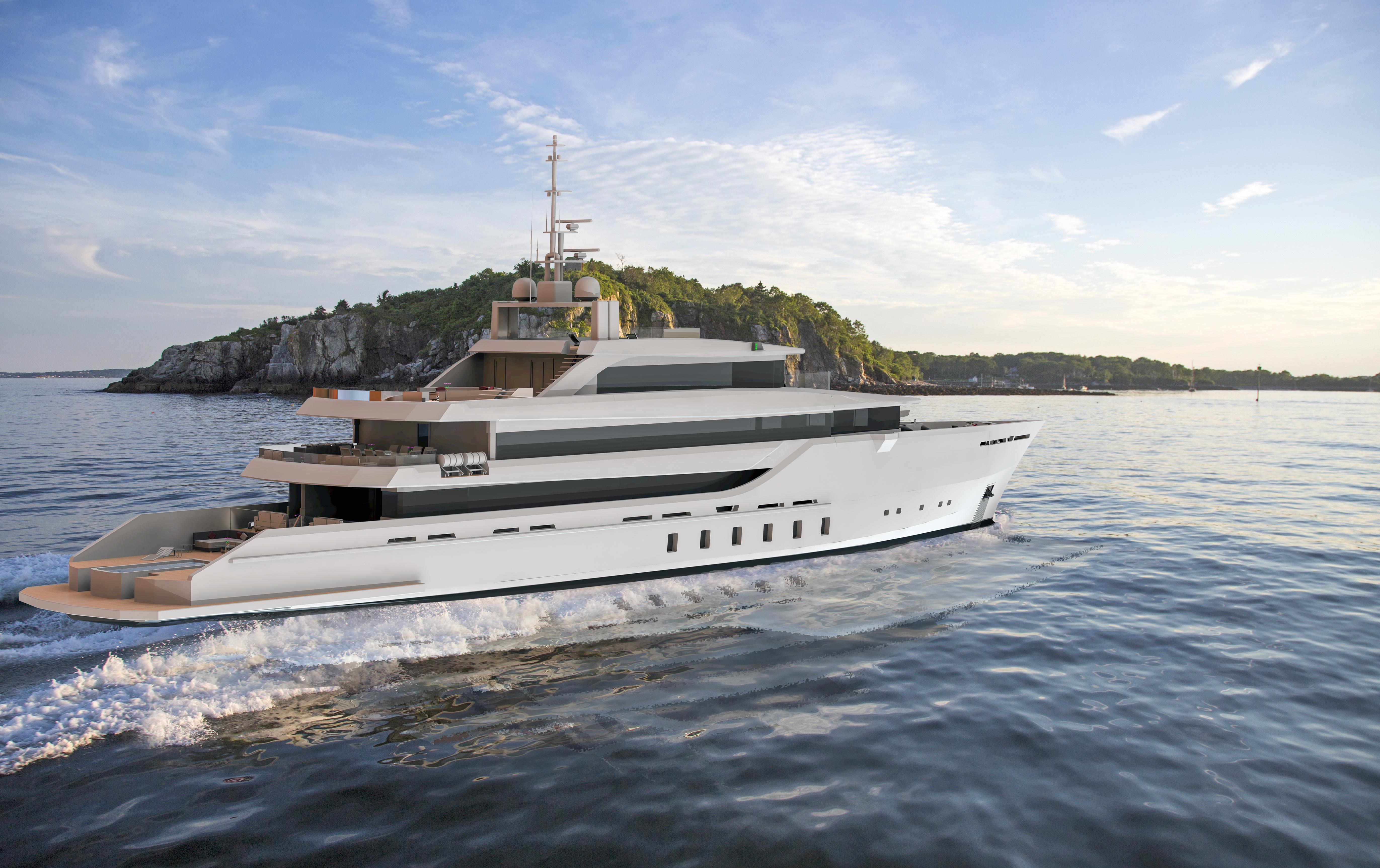 Luxurious custom yacht cruising near an island, 2025 model, under a clear blue sky.