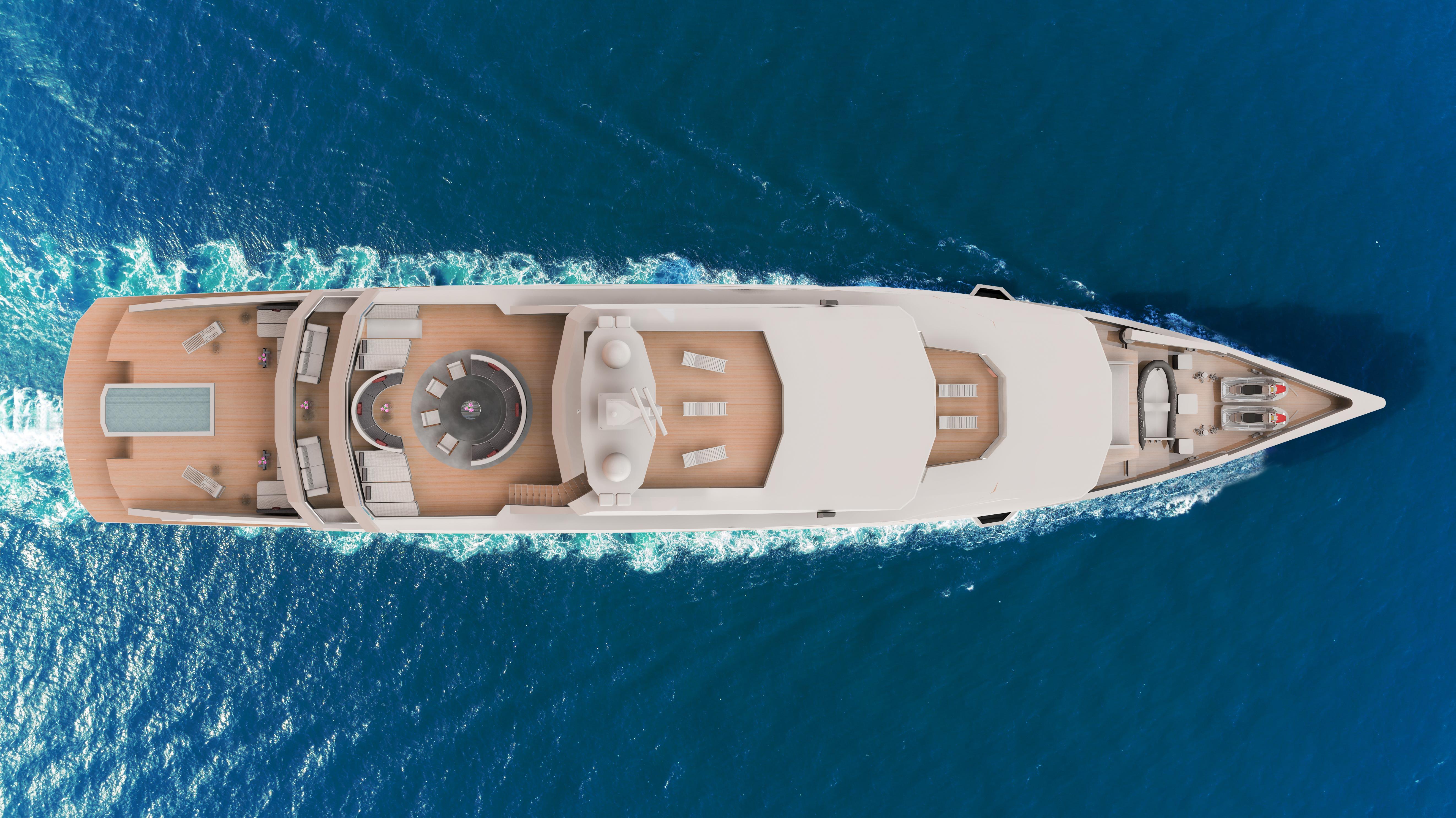 Aerial view of a luxurious custom yacht cruising in blue ocean waters, 2025 model.
