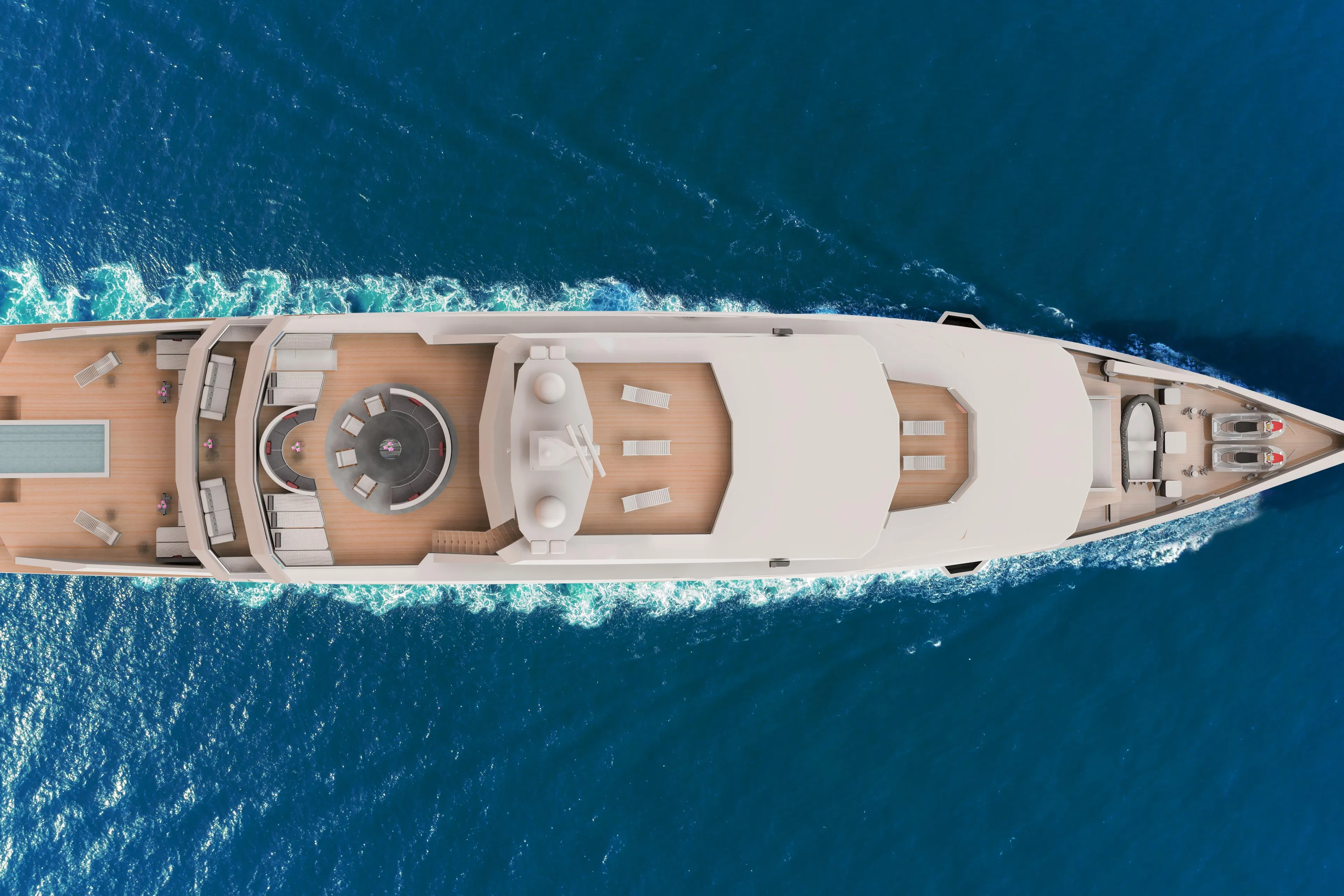 Aerial view of a luxurious custom yacht cruising in blue ocean waters, 2025 model.