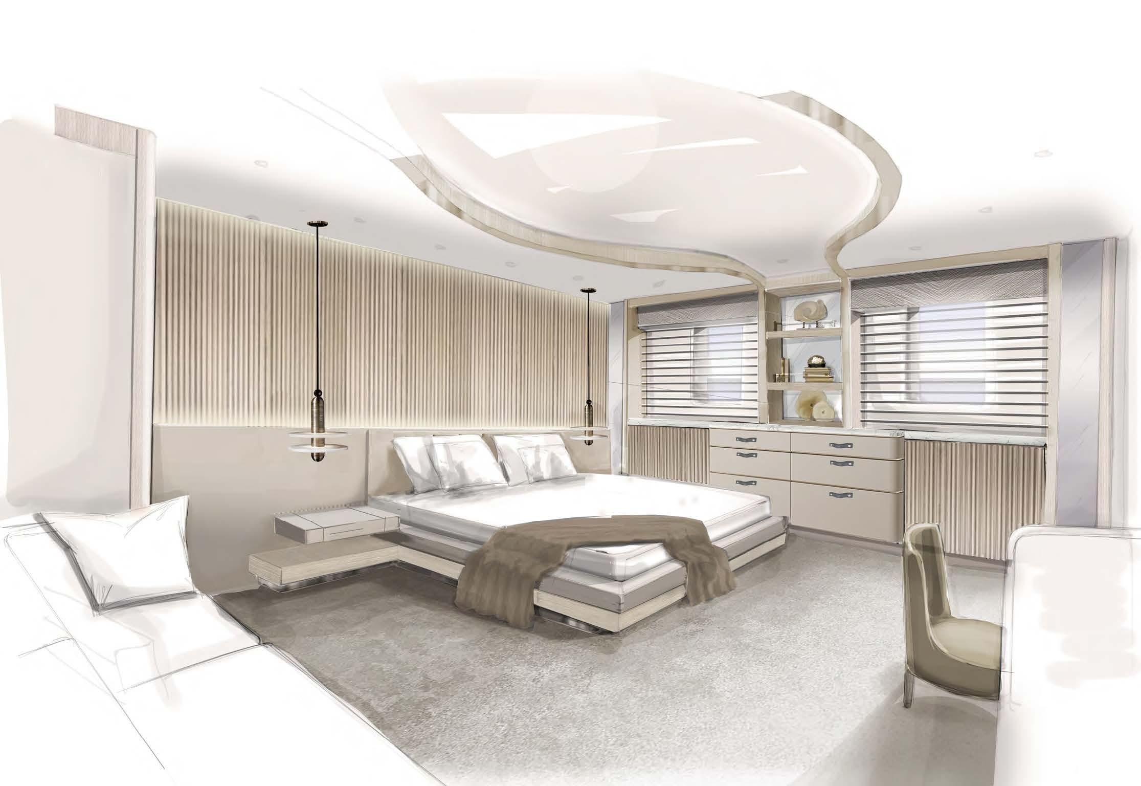 Modern bedroom design with sleek furniture, neutral tones, and elegant lighting, 2025 custom model.
