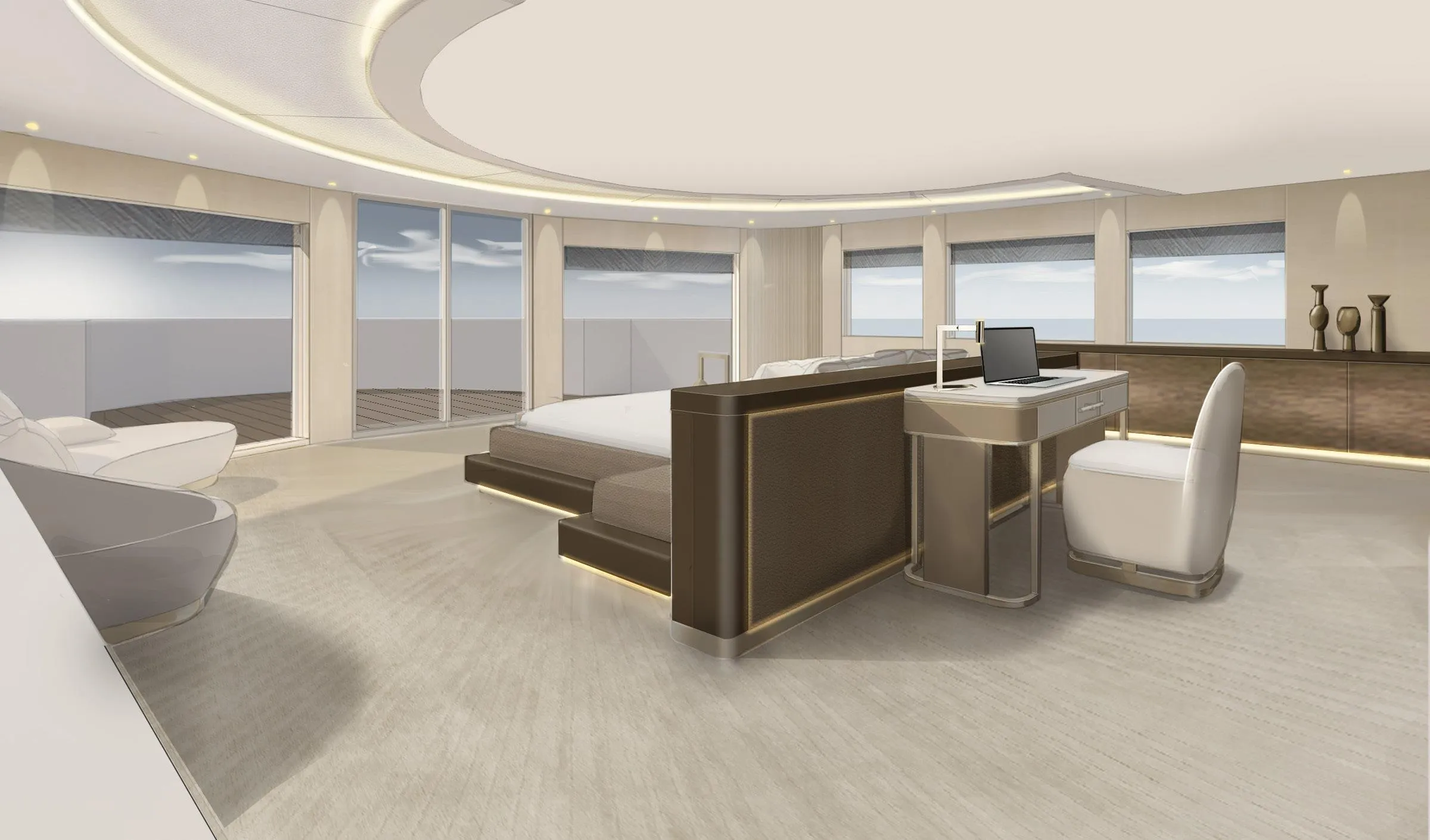 Luxurious modern bedroom with ocean view, elegant furnishings, and sleek design, 2025 custom model.