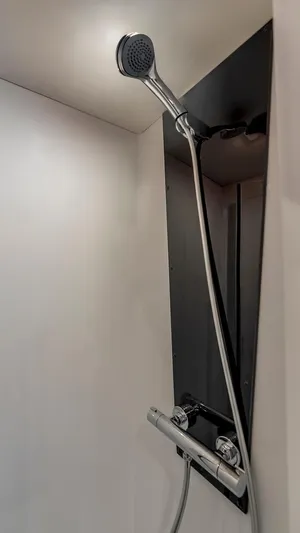 Au Natural Yacht Photos Pics Modern shower fixture in 2023 Fountaine Pajot MY 6 yacht bathroom.