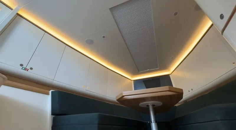 Eva Yacht Photos Pics Luxurious interior of 2022 Van der Valk Waterdream California 52 yacht with modern lighting.