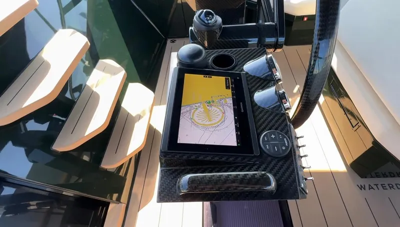 Eva Yacht Photos Pics Helm of 2022 Van der Valk Waterdream California 52 with navigation display and controls.