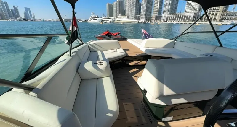 Eva Yacht Photos Pics Luxurious 2022 Van der Valk Waterdream California 52 yacht interior with city skyline view.