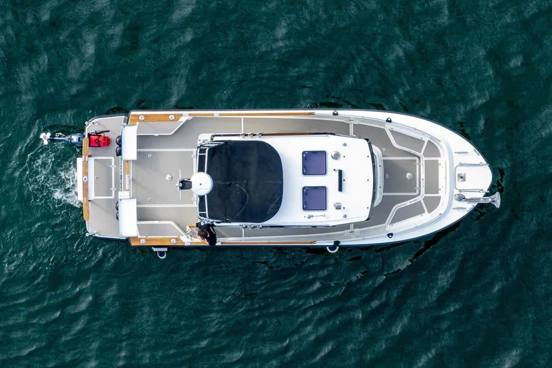  Yacht Photos Pics Overhead view of 2019 Targa 27.2 boat on water.