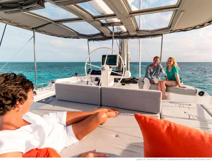 Parlay 2 Yacht Photos Pics Luxurious Lagoon 52 F yacht deck with people relaxing, ocean view, 2020 model.
