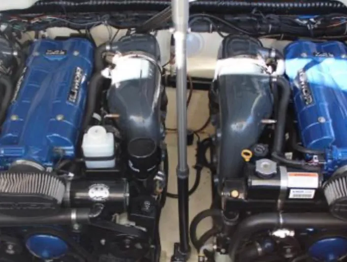  Yacht Photos Pics 2020 Formula 350 Sun Sport engine compartment with dual blue engines.