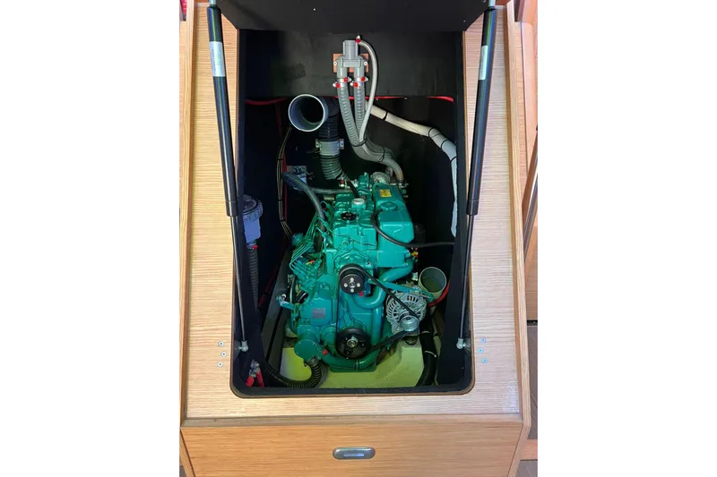 Yacht Photos Pics Engine compartment of 2017 Dufour 512 Grand Large sailboat, showcasing internal components.