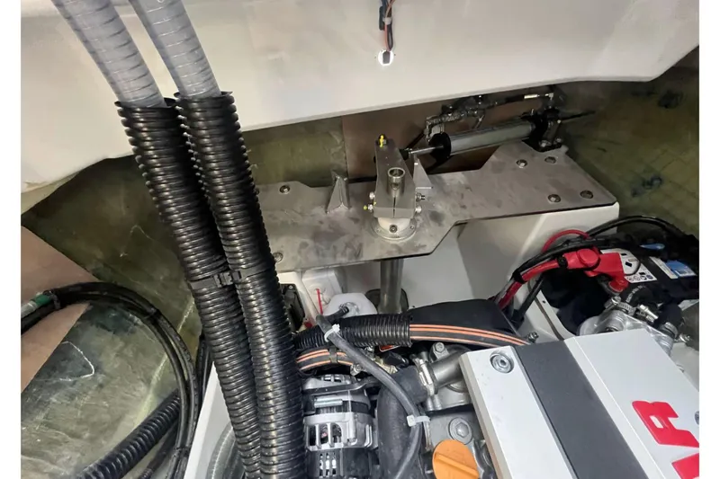 Fonn Taistil Domhain Yacht Photos Pics Engine compartment of 2025 Fountaine Pajot 41, showcasing mechanical components and wiring.