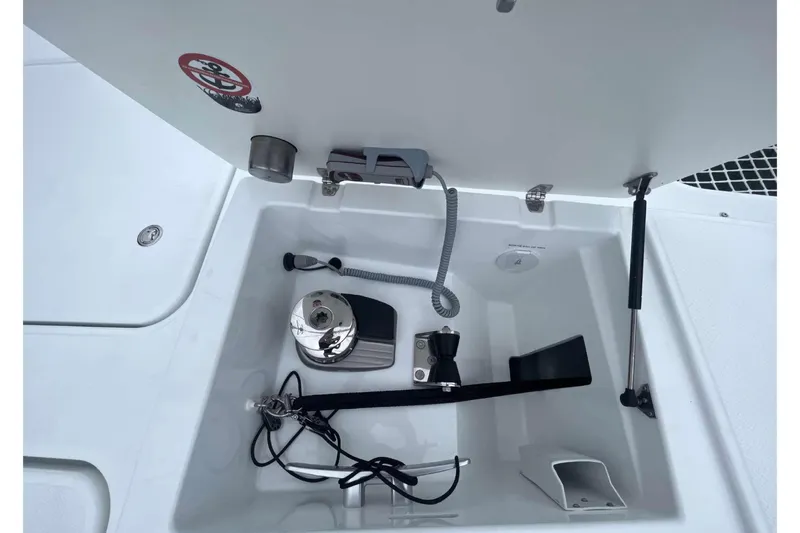 Fonn Taistil Domhain Yacht Photos Pics 2025 Fountaine Pajot 41 yacht deck compartment with winch and equipment.