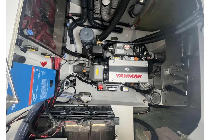 Fonn Taistil Domhain Yacht Photos Pics Engine room of 2025 Fountaine Pajot 41 catamaran with Yanmar engine and electrical components.