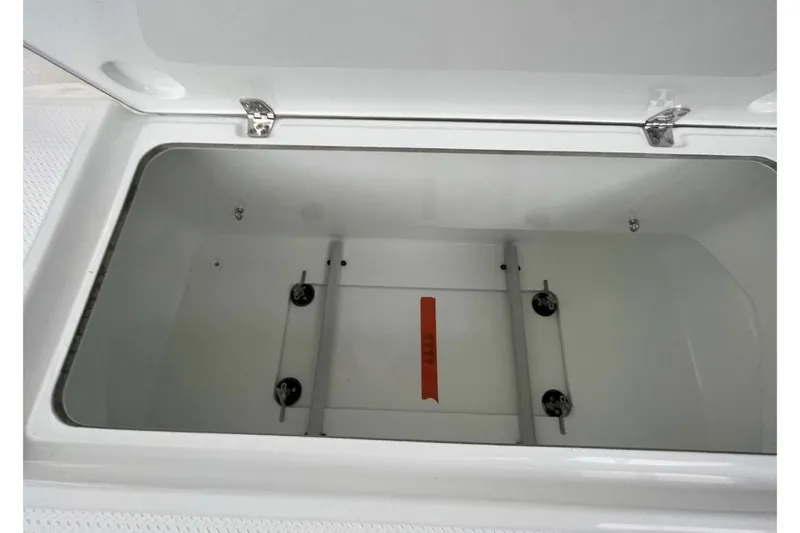 Fonn Taistil Domhain Yacht Photos Pics Open storage compartment on 2025 Fountaine Pajot 41 yacht, showcasing interior space.