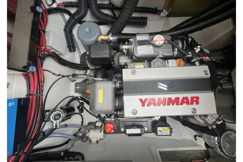 Fonn Taistil Domhain Yacht Photos Pics Engine compartment of 2025 Fountaine Pajot 41 with Yanmar engine components.
