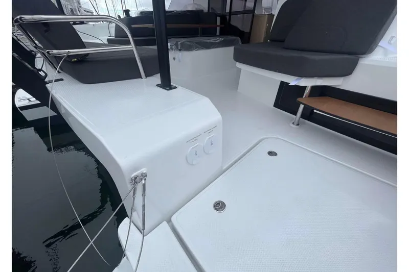 Fonn Taistil Domhain Yacht Photos Pics 2025 Fountaine Pajot 41 yacht deck with seating and railing details.