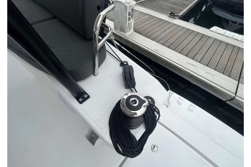 Fonn Taistil Domhain Yacht Photos Pics Deck view of 2025 Fountaine Pajot 41 yacht with winch and mooring line.