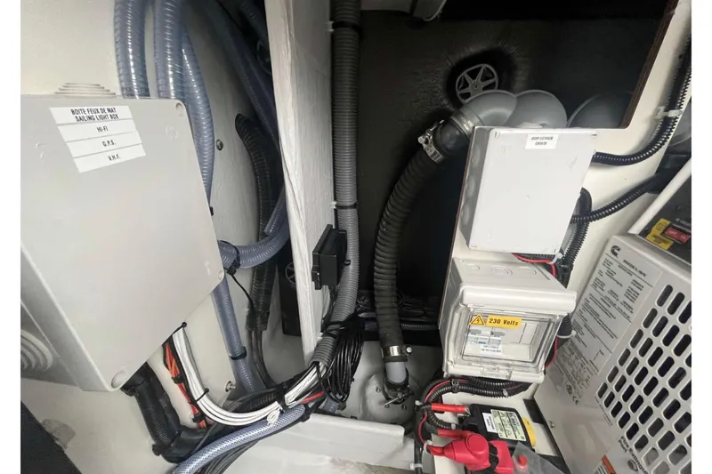 Fonn Taistil Domhain Yacht Photos Pics Electrical components and wiring inside a 2025 Fountaine Pajot 41 yacht.