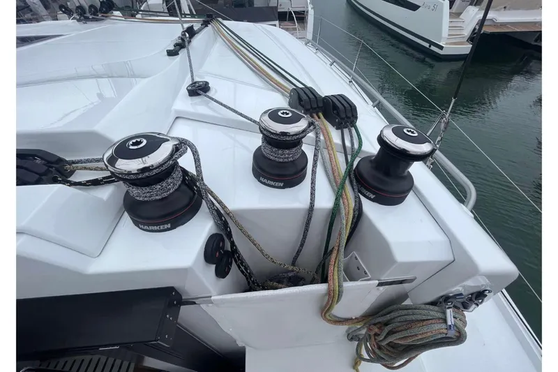 Fonn Taistil Domhain Yacht Photos Pics Deck view of 2025 Fountaine Pajot 41 yacht with winches and ropes.