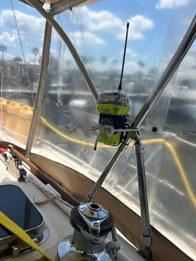 Exeter II Yacht Photos Pics 1988 Sabre 38 sailboat cockpit with marine equipment and clear enclosure.
