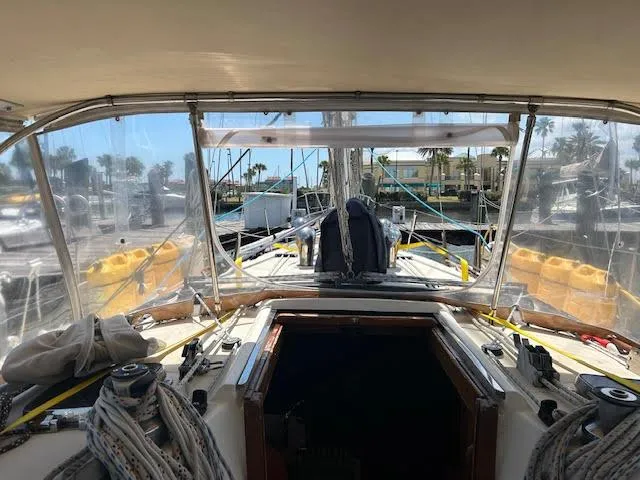 Exeter II Yacht Photos Pics Cockpit view of a 1988 Sabre 38 sailboat docked at a marina.