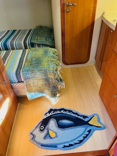  Yacht Photos Pics Cozy cabin interior of 2005 Regal Commodore 4260 with fish-themed rug and twin beds.