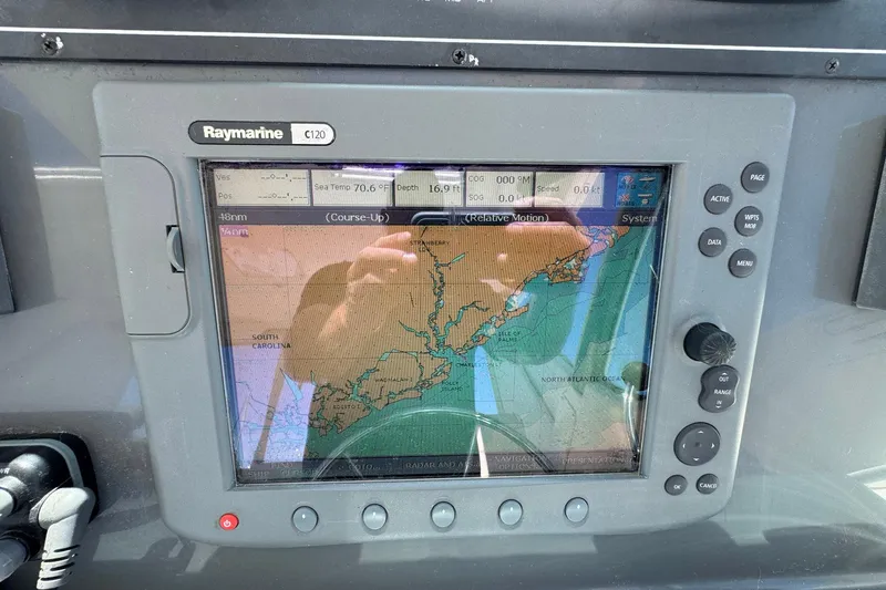 Lone Star Yacht Photos Pics Raymarine C120 navigation display on 2005 Tiara Yachts 3200 Open, showing coastal map.