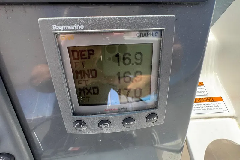 Lone Star Yacht Photos Pics Raymarine display on 2005 Tiara Yachts 3200 Open showing depth readings.