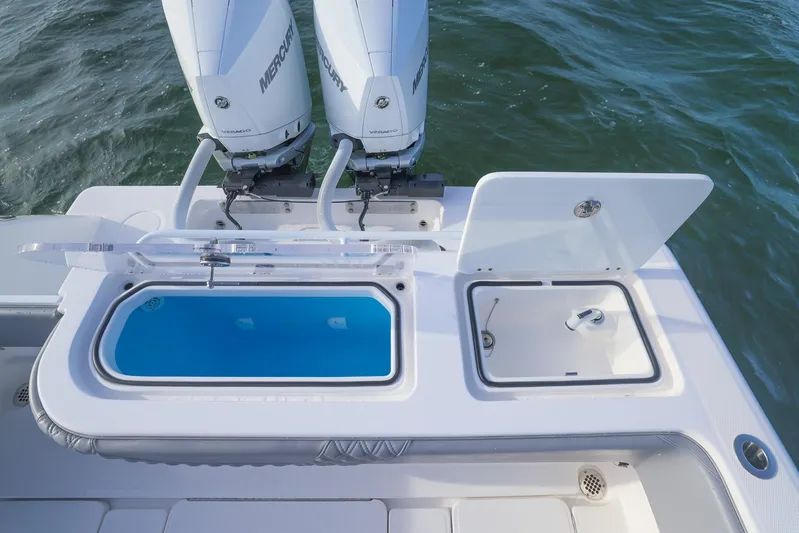  Yacht Photos Pics 2025 Invincible 33 Open Fisherman boat with dual Mercury engines and livewell.